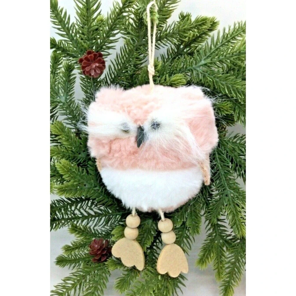 Pink‎ Fuzzy Owl Christmas Tree Ornament Wooden Legs White Bushy Eyebrows